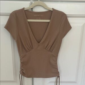 American Eagle Outfitters Tan V-Neck Short Sleeve Top